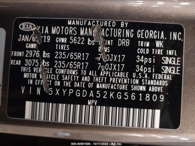 5XYPGDA52KG561809 KIA Sorento 3.3l Lx