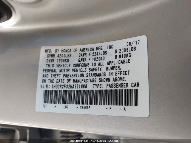 Honda ACCORD LX 2017 1HGCR2F32HA251898 Image 9