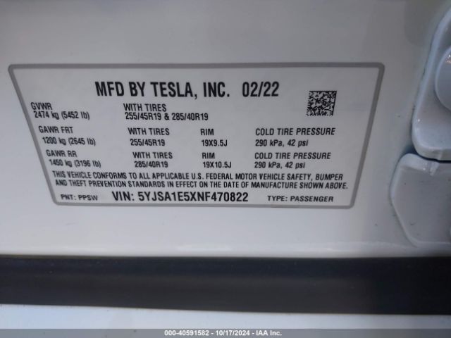 5YJSA1E5XNF470822 Tesla Model S Dual Motor All-wheel Drive
