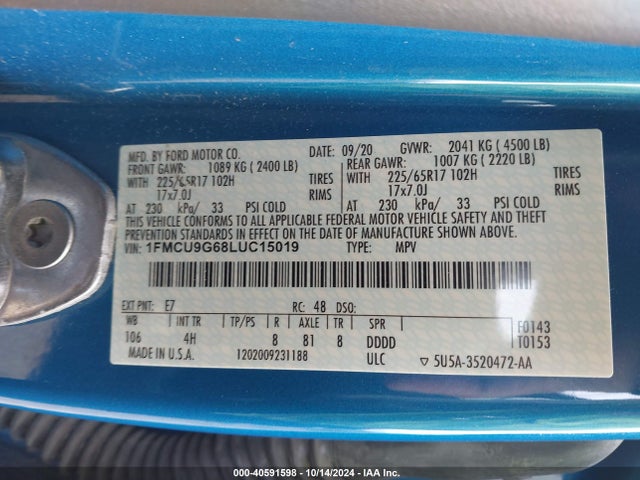 Ford ESCAPE SE 2020 1FMCU9G68LUC15019 Image 9