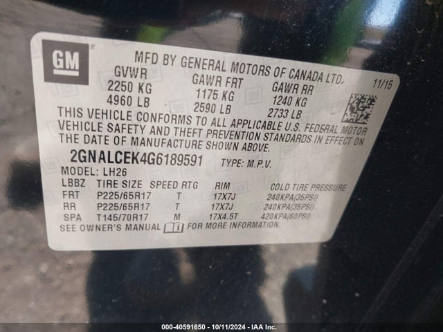 Chevrolet EQUINOX LT 2016 2GNALCEK4G6189591 Image 9