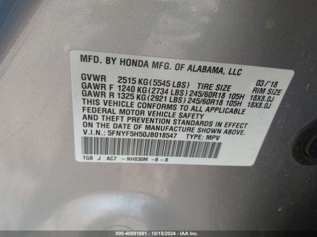 5FNYF5H50JB018547 Honda Pilot Ex-l