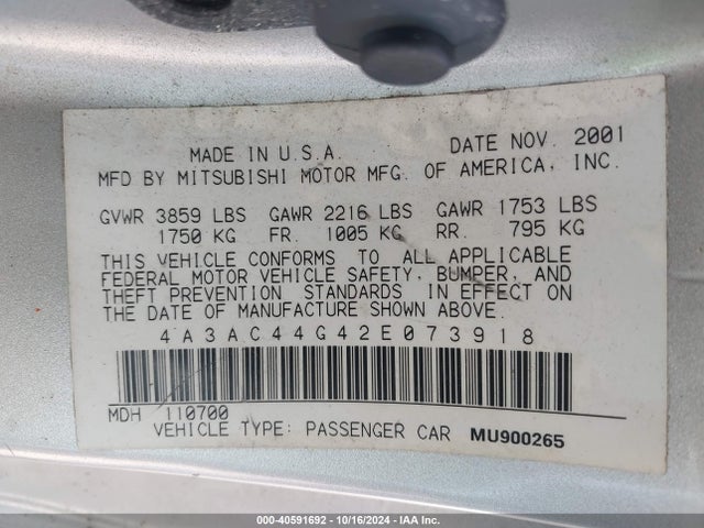 2002 MITSUBISHI ECLIPSE 4A3AC44G42E073918 Photo 8