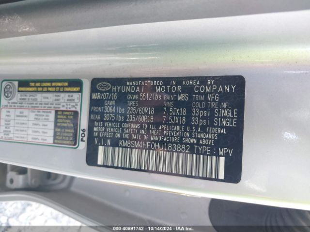 KM8SM4HF0HU183882 Hyundai Santa Fe Se