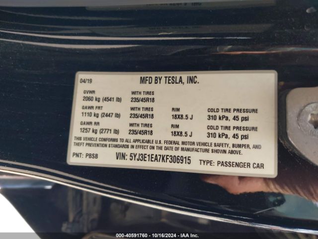 5YJ3E1EA7KF306915 Tesla Model 3 Long Range/mid Range/standard Range/standard Range Plus