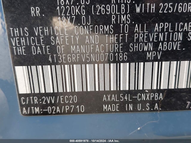 4T3E6RFV5NU070186 Toyota Rav4 Hybrid Xse