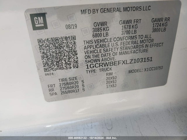 1GCRWBEFXLZ103151 Chevrolet Silverado 1500 2wd  Standard Bed Custom