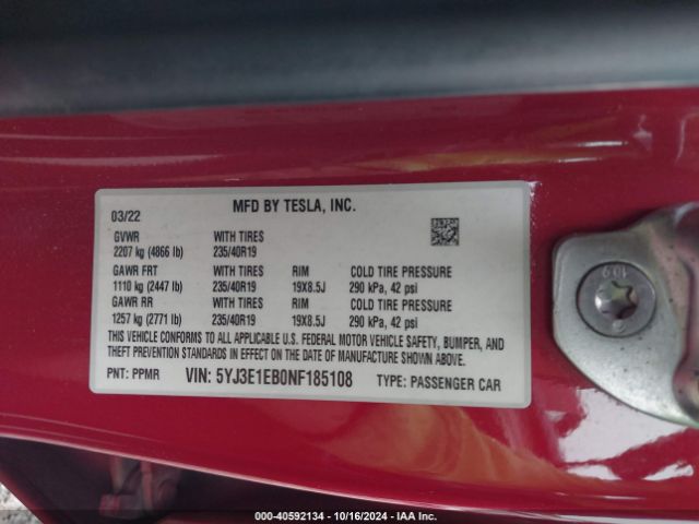 5YJ3E1EB0NF185108 Tesla Model 3 Long Range Dual Motor All-wheel Drive