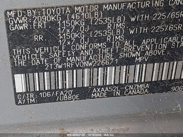2T3W1RFV0NW226671 Toyota Rav4 Xle