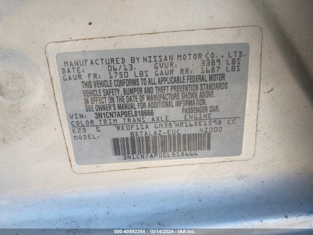 Nissan Versa 1.6 S+ 2014 3N1CN7AP0EL818666 Image 9