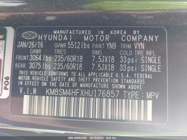 KM8SM4HFXHU176857 Hyundai Santa Fe Se