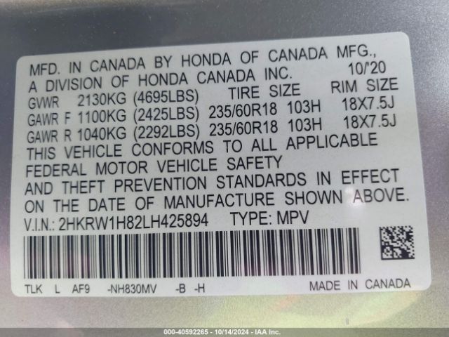 2HKRW1H82LH425894 Honda Cr-v 2wd Ex-l
