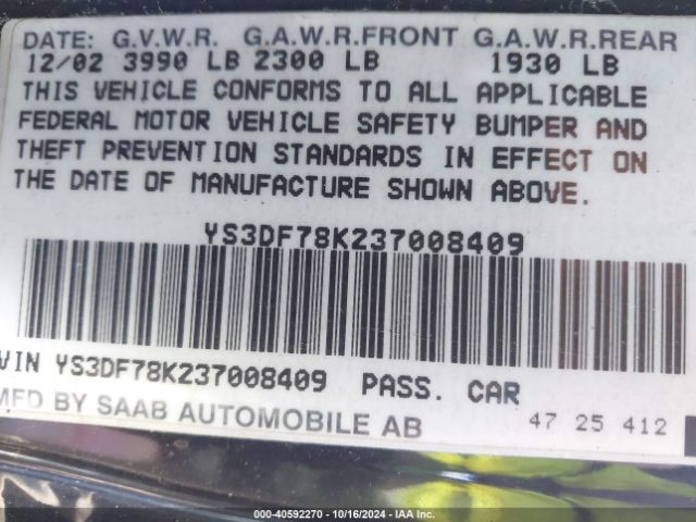 2003 SAAB 9-3 YS3DF78K237008409 Photo 8