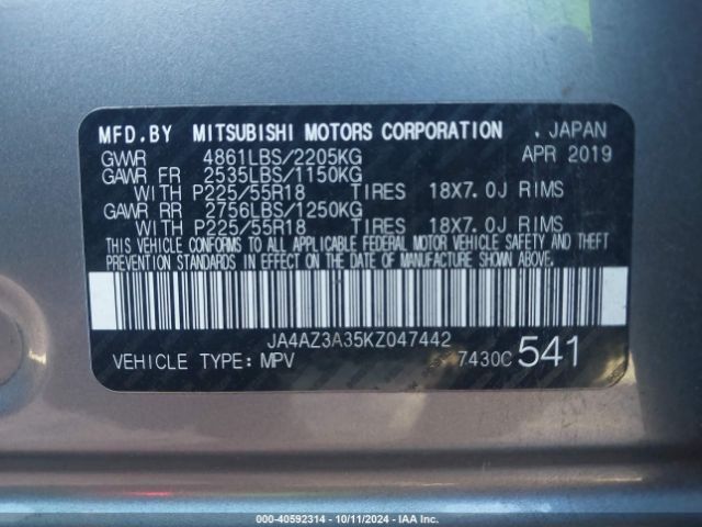 2019 MITSUBISHI OUTLANDER JA4AZ3A35KZ047442 Photo 8