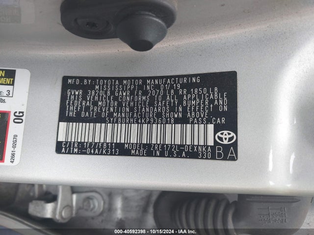 Toyota COROLLA LE 2019 5YFBURHE4KP936018 Image 9