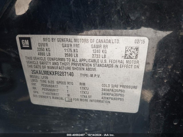 GMC Terrain Sle-1 2015 2GKALMEKXF6287140 Image 9