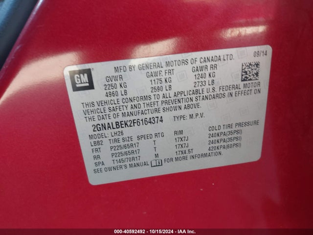 Chevrolet EQUINOX 1LT 2015 2GNALBEK2F6164374 Image 9