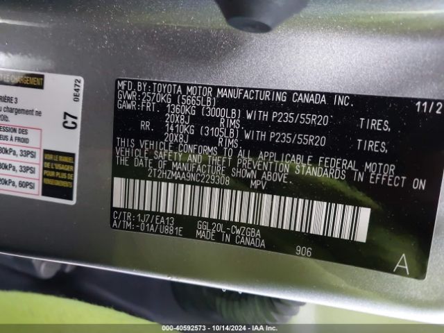 2T2HZMAA9NC229308 Lexus RX 350