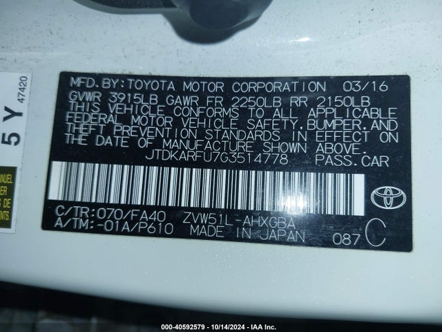 JTDKARFU7G3514778 Toyota Prius Three