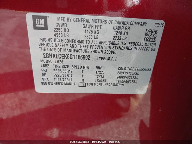 Chevrolet EQUINOX LT 2016 2GNALCEK6G1166892 Image 9