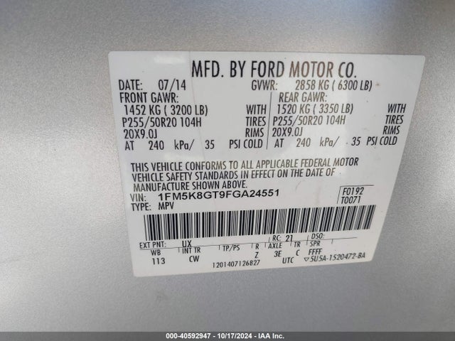Ford EXPLORER SPORT 2015 1FM5K8GT9FGA24551 Image 9