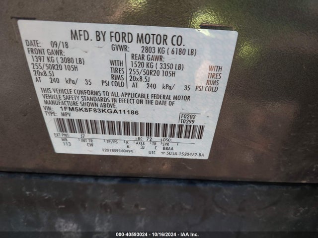 Ford Explorer Limited 2019 1FM5K8F83KGA11186 Image 9