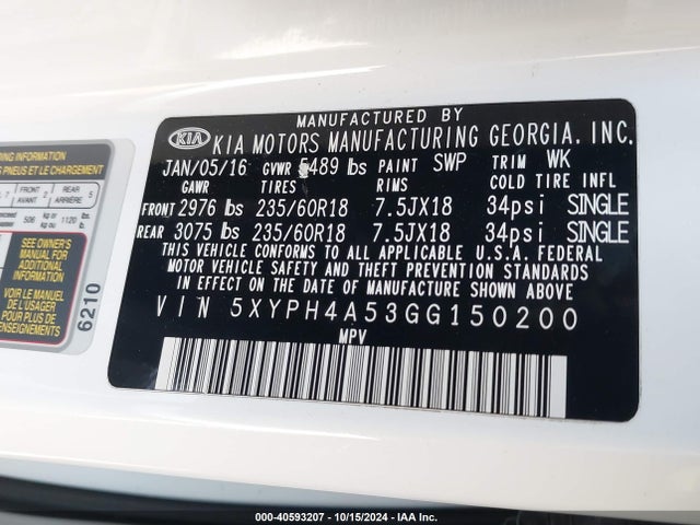 KIA Sorento 3.3l Ex 2016 5XYPH4A53GG150200 Image 9