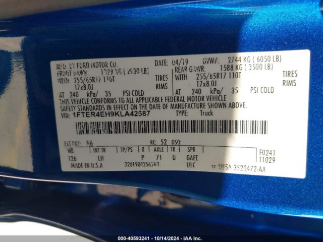 1FTER4EH9KLA42587 Ford Ranger Xlt