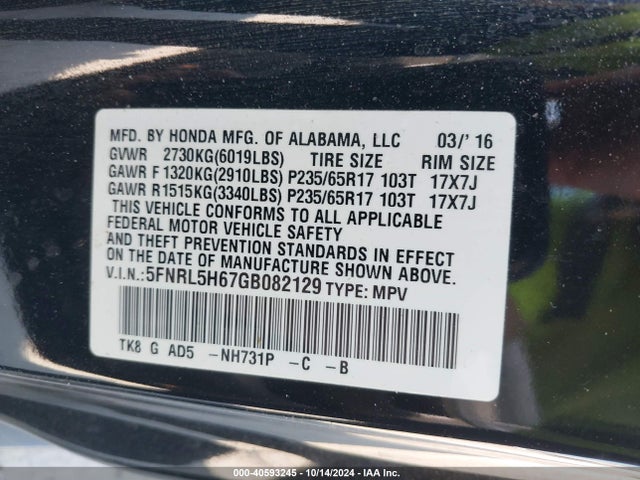 Honda Odyssey Ex-l 2016 5FNRL5H67GB082129 Image 9