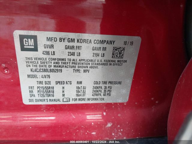 KL4CJCSB0LB052919 Buick Encore Fwd Essence