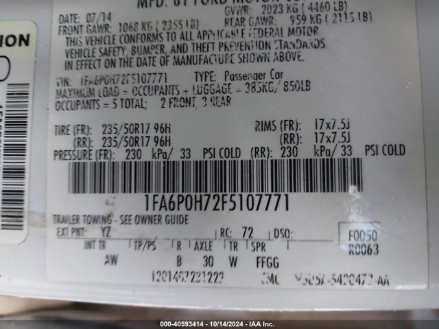 Ford FUSION SE 2015 1FA6P0H72F5107771 Image 9