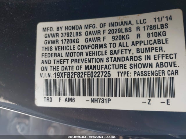 Honda CIVIC EX 2015 19XFB2F82FE022725 Image 9