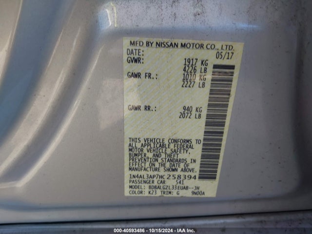 Nissan Altima 2.5 S 2017 1N4AL3AP7HC258394 Image 9