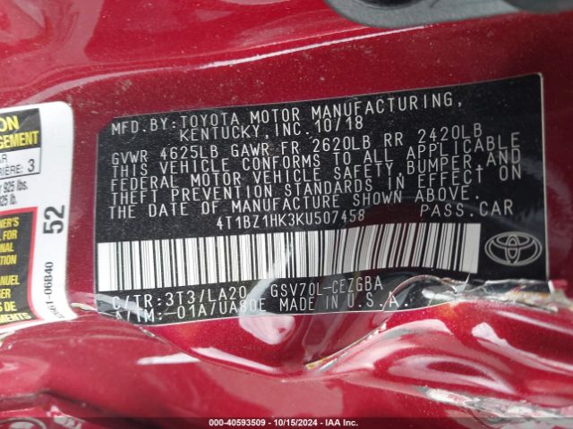 4T1BZ1HK3KU507458 Toyota Camry Xle V6