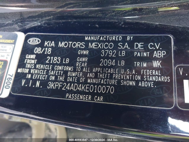 3KPF24AD4KE010070 KIA FORTE FE