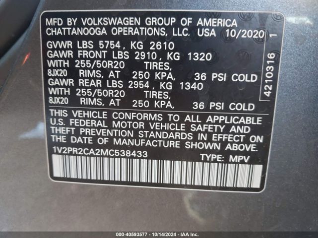 1V2PR2CA2MC538433 Volkswagen Atlas 3.6l V6 Se W/technology R-line