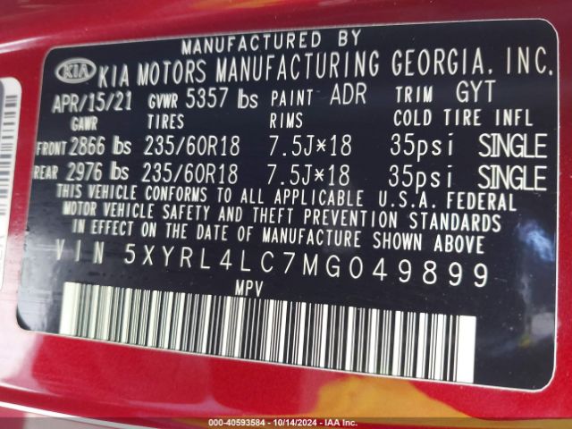 5XYRL4LC7MG049899 KIA SORENTO S