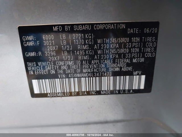 4S4WMAMD6L3471473 Subaru Ascent Limited