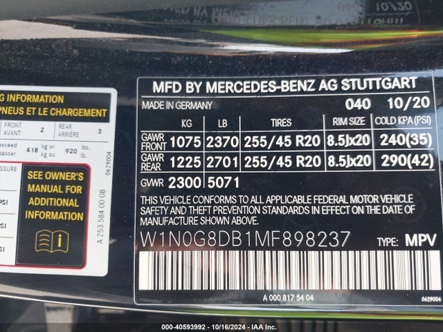 W1N0G8DB1MF898237 Mercedes-Benz Glc 300 Suv