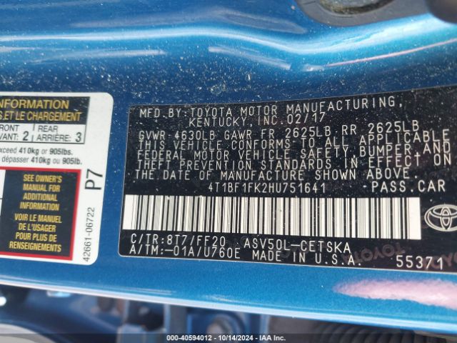 4T1BF1FK2HU751641 Toyota CAMRY SE