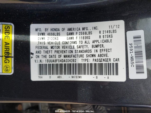 40594028 :رقم المزاد ، 19UUA8F54DA004392 vin ، 2013 Acura Tl 3.5 مزاد بيع