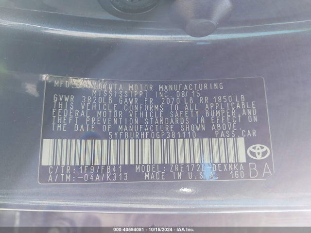 Toyota COROLLA LE 2016 5YFBURHE0GP381110 Image 9