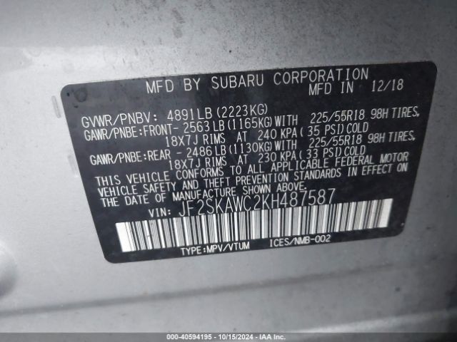 JF2SKAWC2KH487587 Subaru Forester Touring