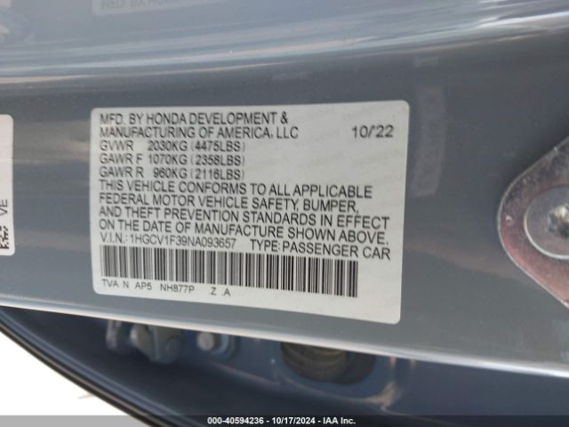 1HGCV1F39NA093657 Honda Accord Sport