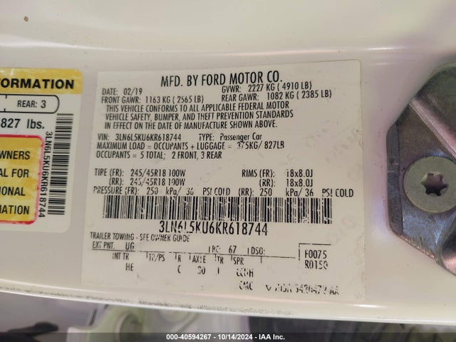 3LN6L5KU6KR618744 Lincoln Mkz Hybrid Standard