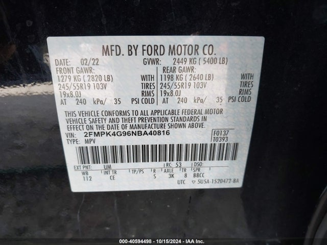 Ford EDGE SE 2022 2FMPK4G96NBA40816 Image 9