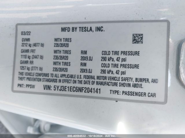 5YJ3E1EC6NF204141 Tesla Model 3 Performance Dual Motor All-wheel Drive