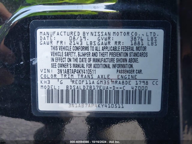 Nissan SENTRA SV 2019 3N1AB7AP4KY410511 Image 9