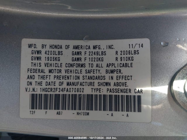 Honda ACCORD LX 2015 1HGCR2F34FA070802 Image 9