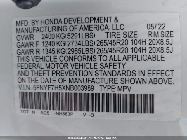 5FNYF7H5XNB003989 Honda Passport 2wd Ex-l